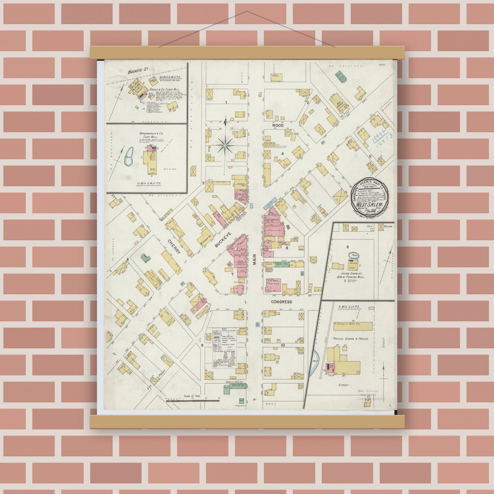 Old map wall art mockup — magnetic wood frame on brick wall — Sanborn Fire Insurance Map from West Salem, Wayne County, Ohio (1899), Sheet #0001