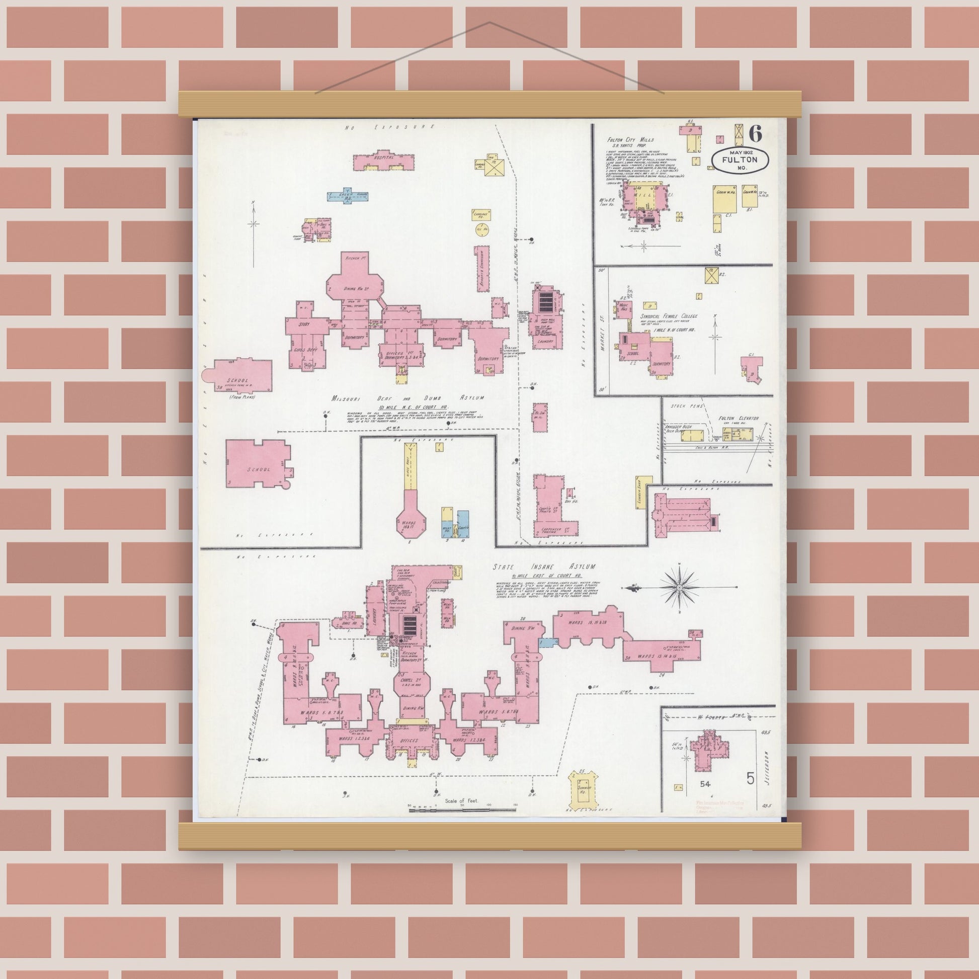 Old map wall art mockup — magnetic wood frame on brick wall — Sanborn Fire Insurance Map from Fulton, Callaway County, Missouri (1902), Sheet #0006