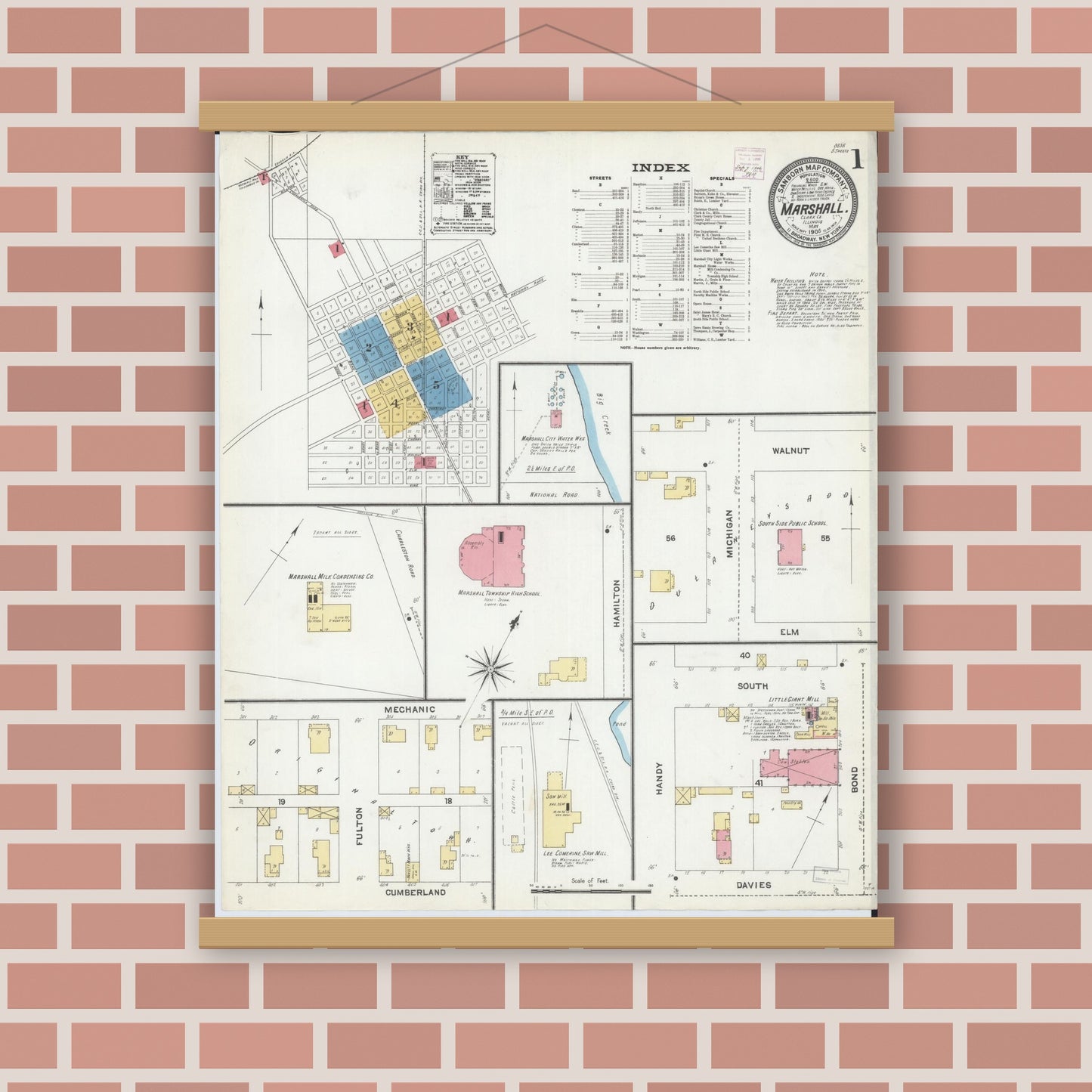 Old map wall art mockup — magnetic wood frame on brick wall — Sanborn Fire Insurance Map from Marshall, Clark County, Illinois (1906) - Complete Map Set