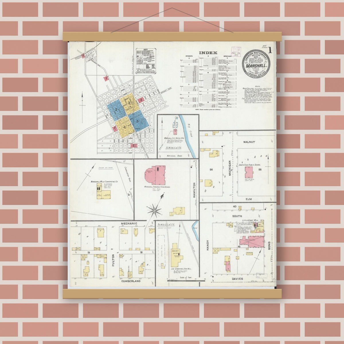 Old map wall art mockup — magnetic wood frame on brick wall — Sanborn Fire Insurance Map from Marshall, Clark County, Illinois (1906) - Complete Map Set