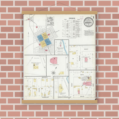 Old map wall art mockup — magnetic wood frame on brick wall — Sanborn Fire Insurance Map from Marshall, Clark County, Illinois (1906) - Complete Map Set