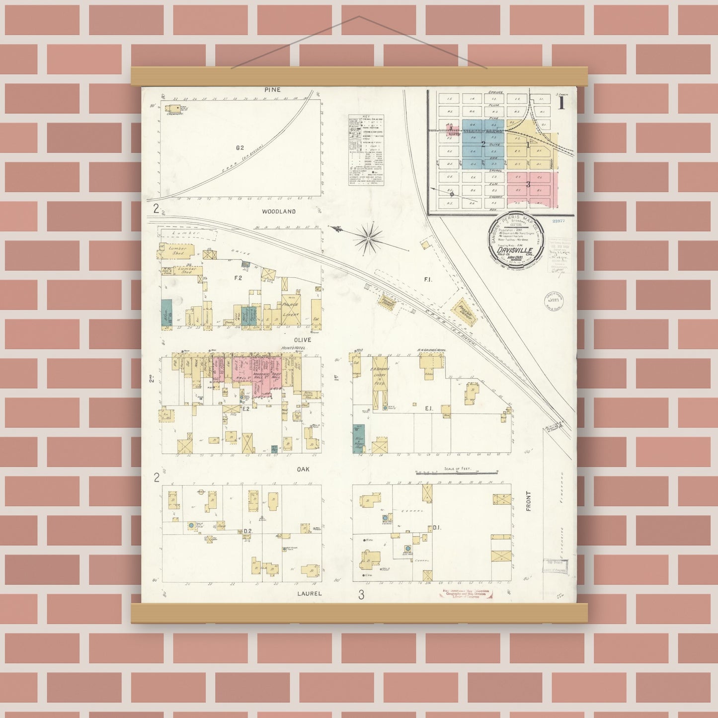 Old map wall art mockup — magnetic wood frame on brick wall — Sanborn Fire Insurance Map from Davis, Yolo County, California (1900) - Complete Map Set