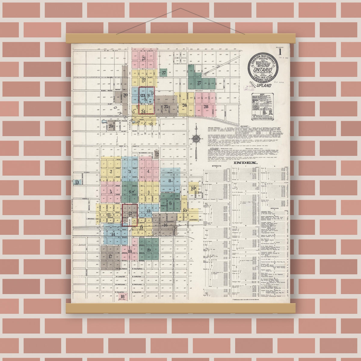 Old map wall art mockup — magnetic wood frame on brick wall — Sanborn Fire Insurance Map from Ontario, San Bernardino County, California (1912) - Complete Map Set