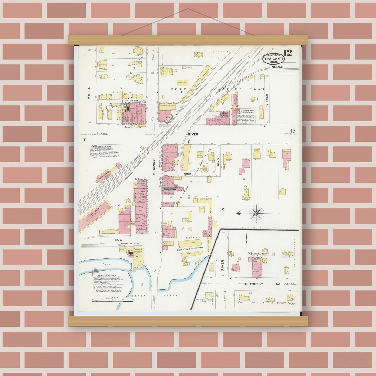Old map wall art mockup — magnetic wood frame on brick wall — Sanborn Fire Insurance Map from Ypsilanti, Washtenaw County, Michigan (1909), Sheet #0012