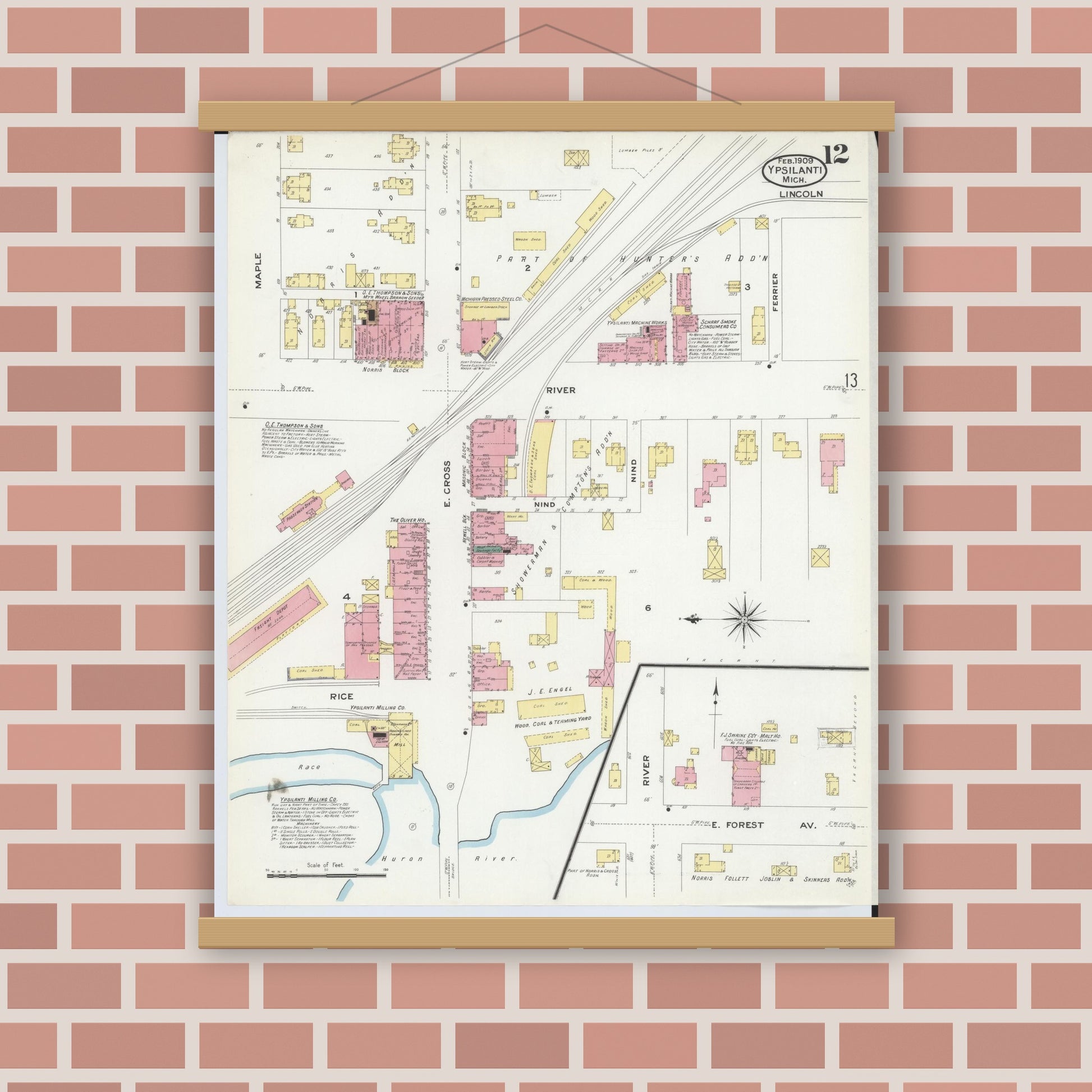 Old map wall art mockup — magnetic wood frame on brick wall — Sanborn Fire Insurance Map from Ypsilanti, Washtenaw County, Michigan (1909), Sheet #0012