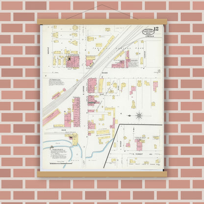Old map wall art mockup — magnetic wood frame on brick wall — Sanborn Fire Insurance Map from Ypsilanti, Washtenaw County, Michigan (1909), Sheet #0012