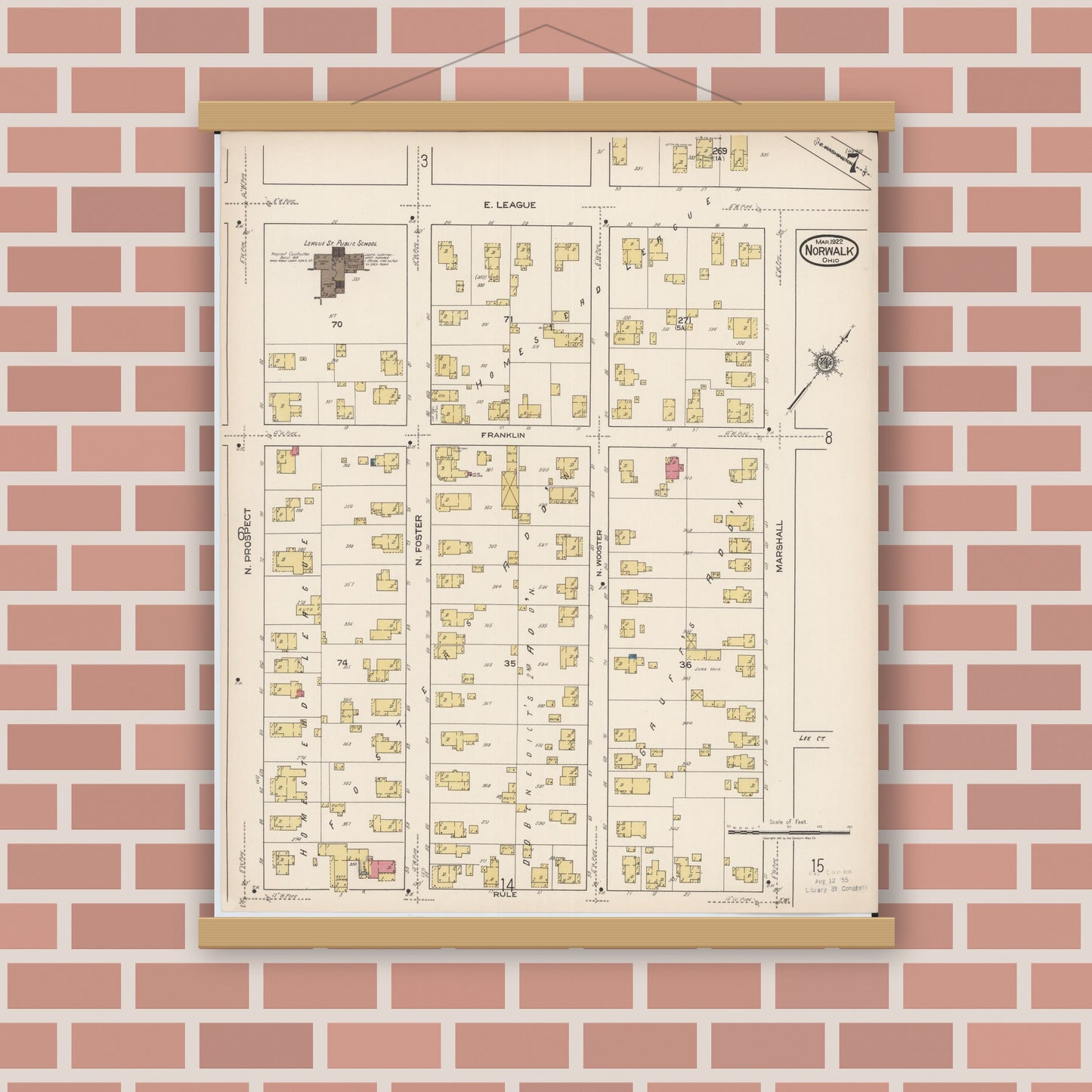 Old map wall art mockup — magnetic wood frame on brick wall — Sanborn Fire Insurance Map from Norwalk, Huron County, Ohio (1922), Sheet #0007