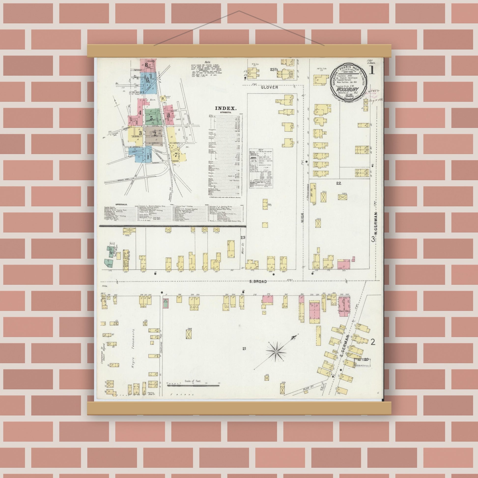 Old map wall art mockup — magnetic wood frame on brick wall — Sanborn Fire Insurance Map from Woodbury, Gloucester County, New Jersey (1896) - Complete Map Set