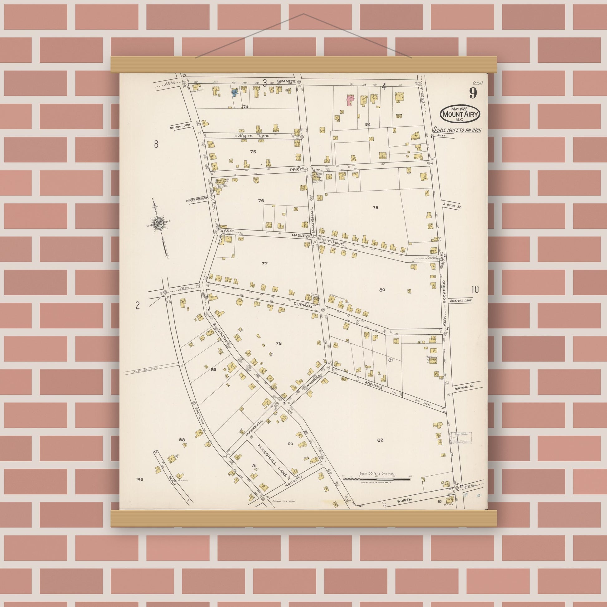 Old map wall art mockup — magnetic wood frame on brick wall — Sanborn Fire Insurance Map from Mount Airy, Surry County, North Carolina (1922), Sheet #0009