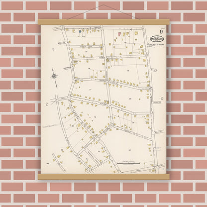 Old map wall art mockup — magnetic wood frame on brick wall — Sanborn Fire Insurance Map from Mount Airy, Surry County, North Carolina (1922), Sheet #0009