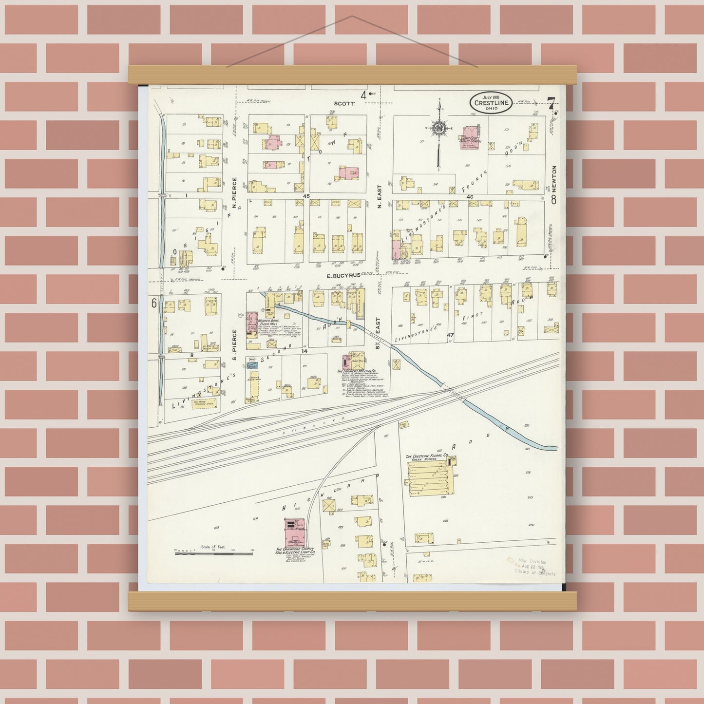 Old map wall art mockup — magnetic wood frame on brick wall — Sanborn Fire Insurance Map from Crestline, Crawford County, Ohio (1910), Sheet #0007