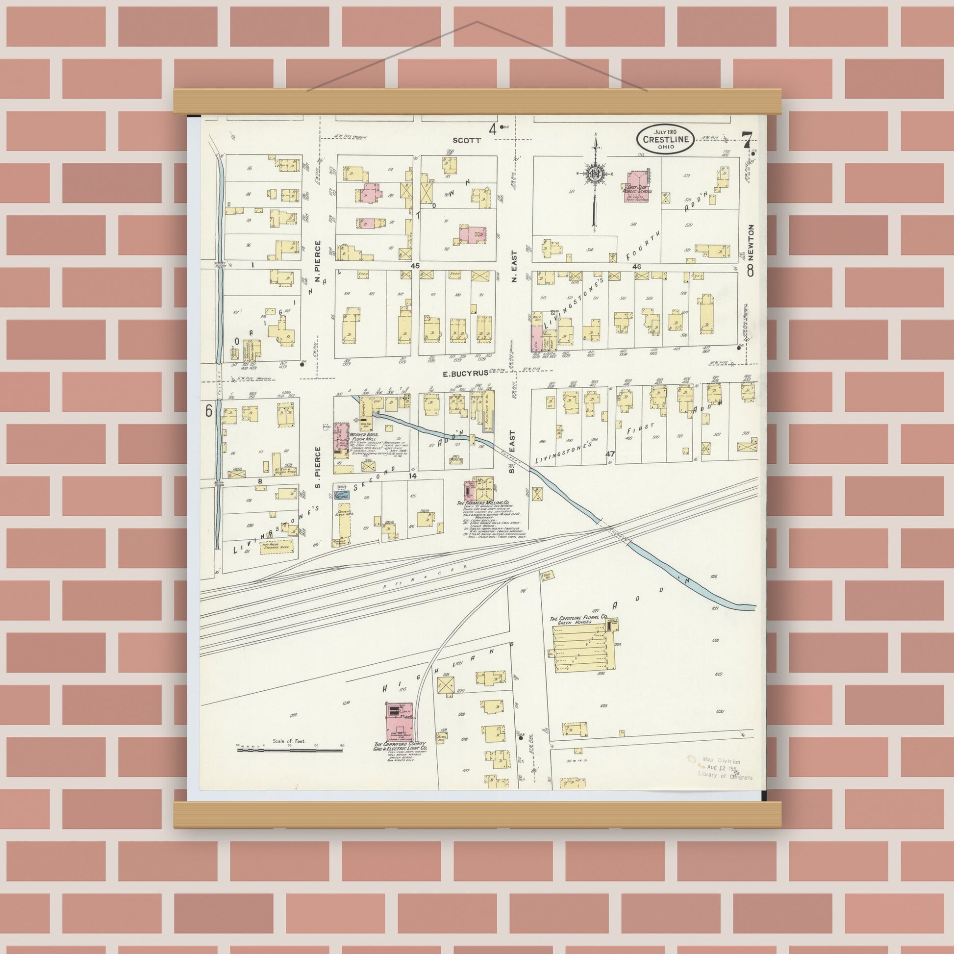 Old map wall art mockup — magnetic wood frame on brick wall — Sanborn Fire Insurance Map from Crestline, Crawford County, Ohio (1910), Sheet #0007