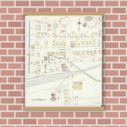 Old map wall art mockup — magnetic wood frame on brick wall — Sanborn Fire Insurance Map from Crestline, Crawford County, Ohio (1910), Sheet #0007
