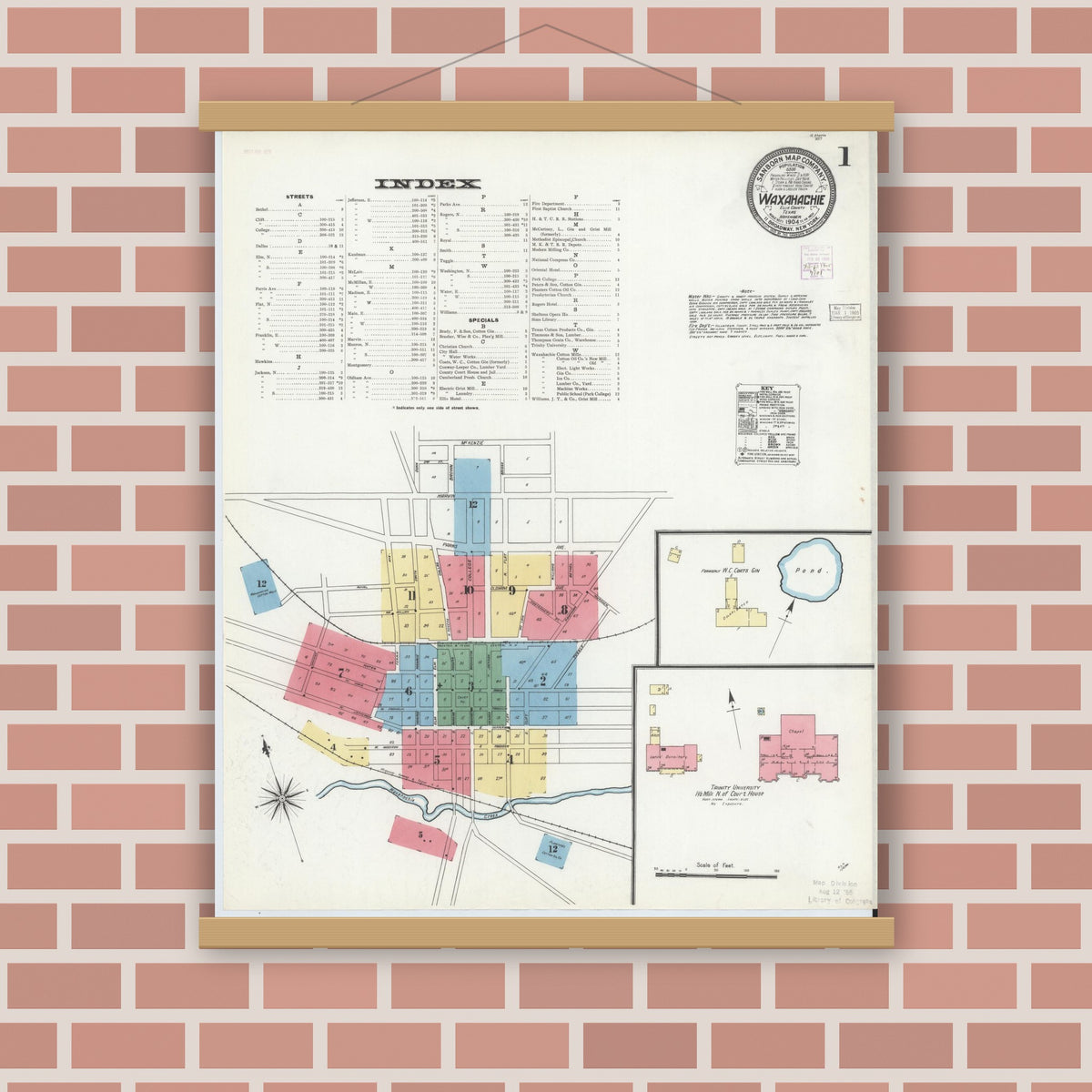 Old map wall art mockup — magnetic wood frame on brick wall — Sanborn Fire Insurance Map from Waxahachie, Ellis County, Texas (1904) - Complete Map Set