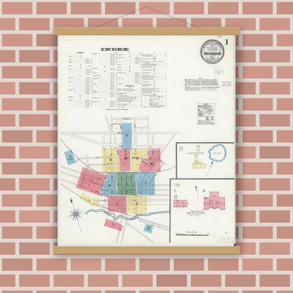 Old map wall art mockup — magnetic wood frame on brick wall — Sanborn Fire Insurance Map from Waxahachie, Ellis County, Texas (1904) - Complete Map Set