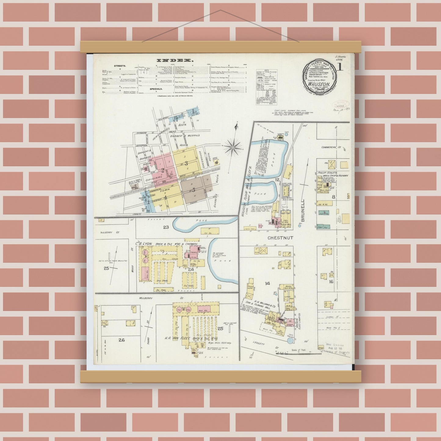 Old map wall art mockup — magnetic wood frame on brick wall — Sanborn Fire Insurance Map from Wauseon, Fulton County, Ohio (1893) - Complete Map Set
