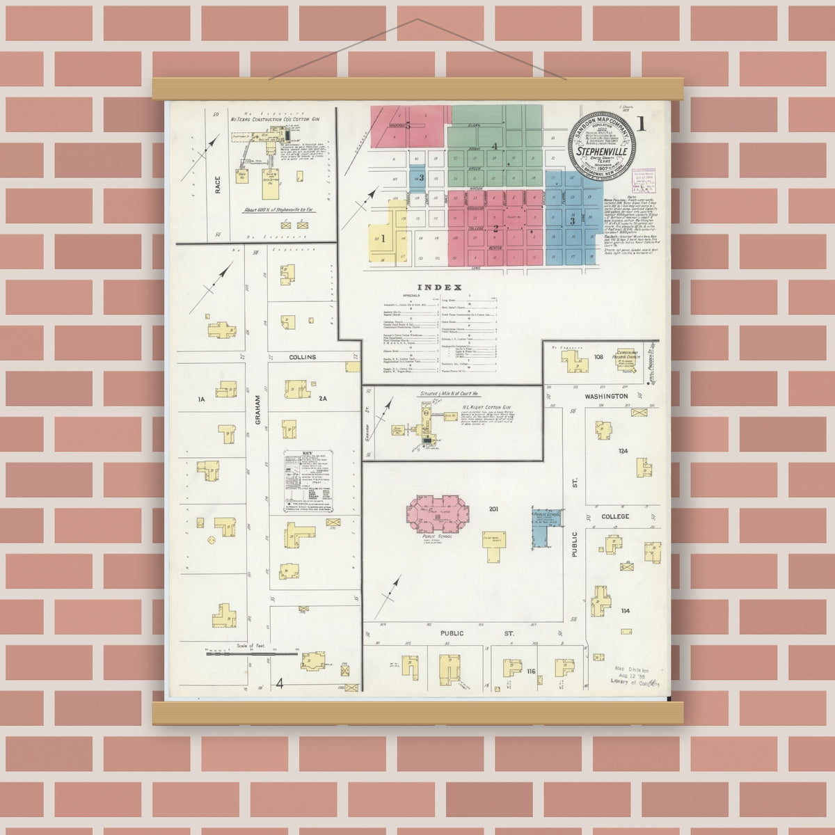 Old map wall art mockup — magnetic wood frame on brick wall — Sanborn Fire Insurance Map from Stephenville, Erath County, Texas (1907), Sheet #0001