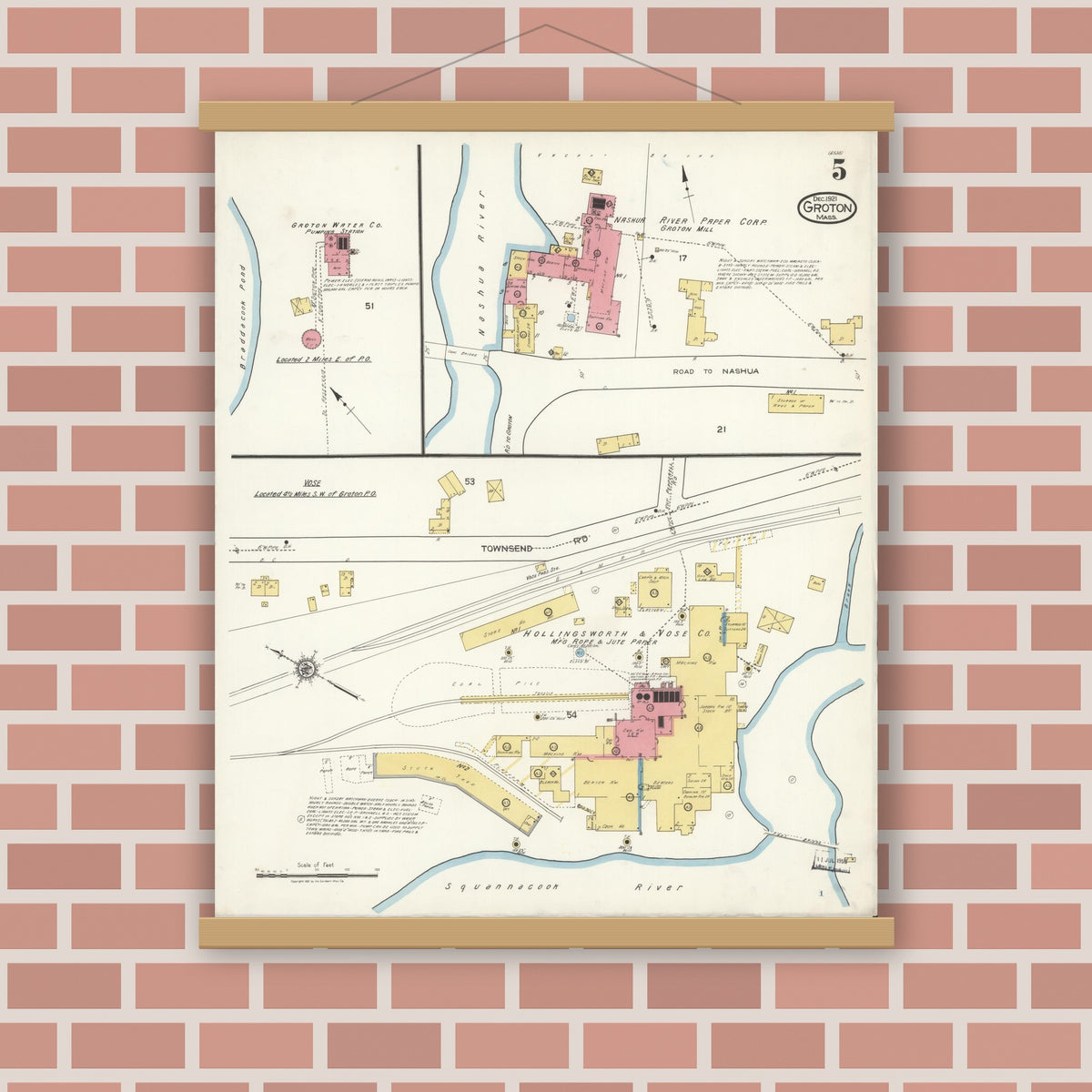 Old map wall art mockup — magnetic wood frame on brick wall — Sanborn Fire Insurance Map from Groton, Middlesex County, Massachusetts (1921), Sheet #0005
