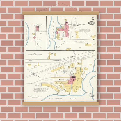 Old map wall art mockup — magnetic wood frame on brick wall — Sanborn Fire Insurance Map from Groton, Middlesex County, Massachusetts (1921), Sheet #0005