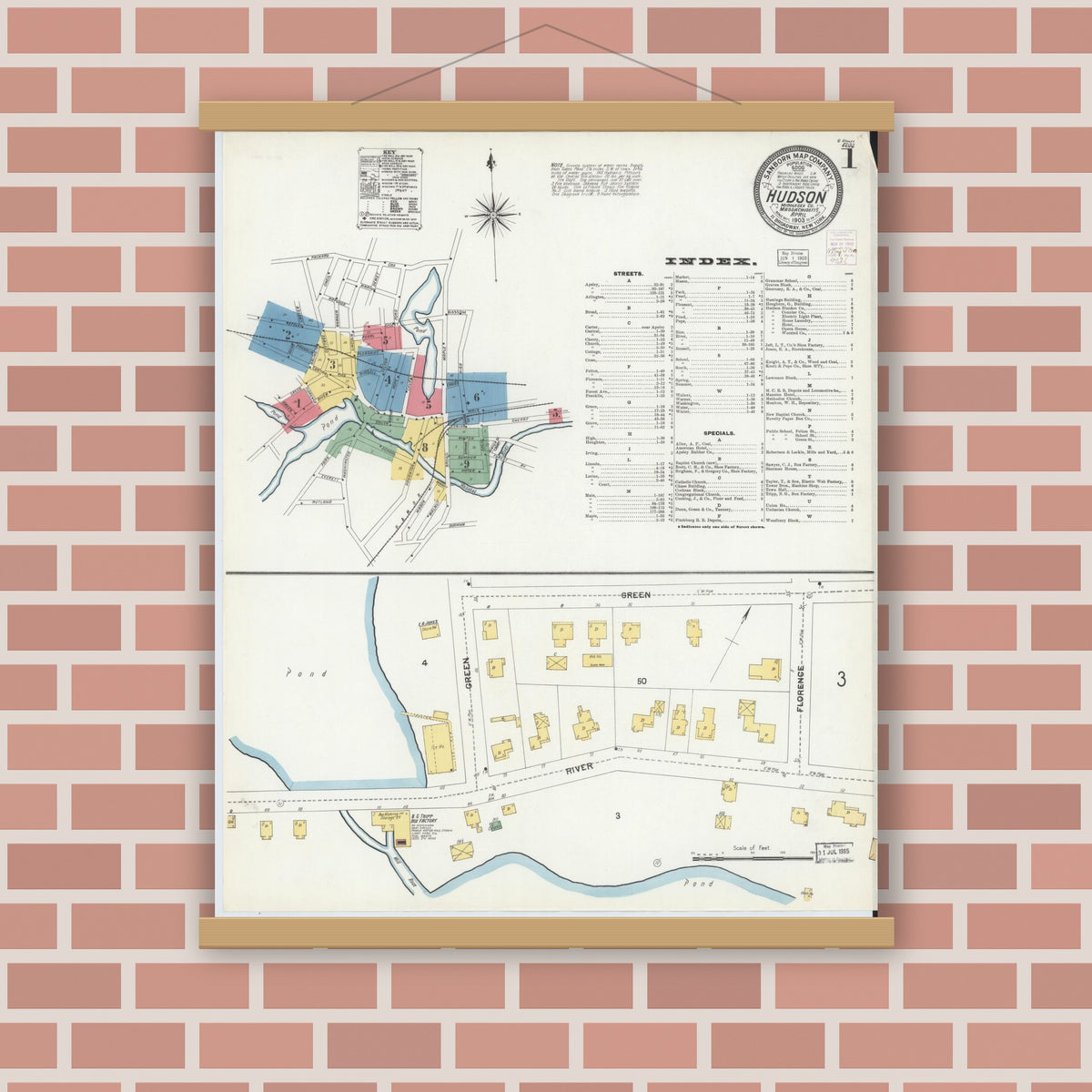Old map wall art mockup — magnetic wood frame on brick wall — Sanborn Fire Insurance Map from Hudson, Middlesex County, Massachusetts (1903), Sheet #0001