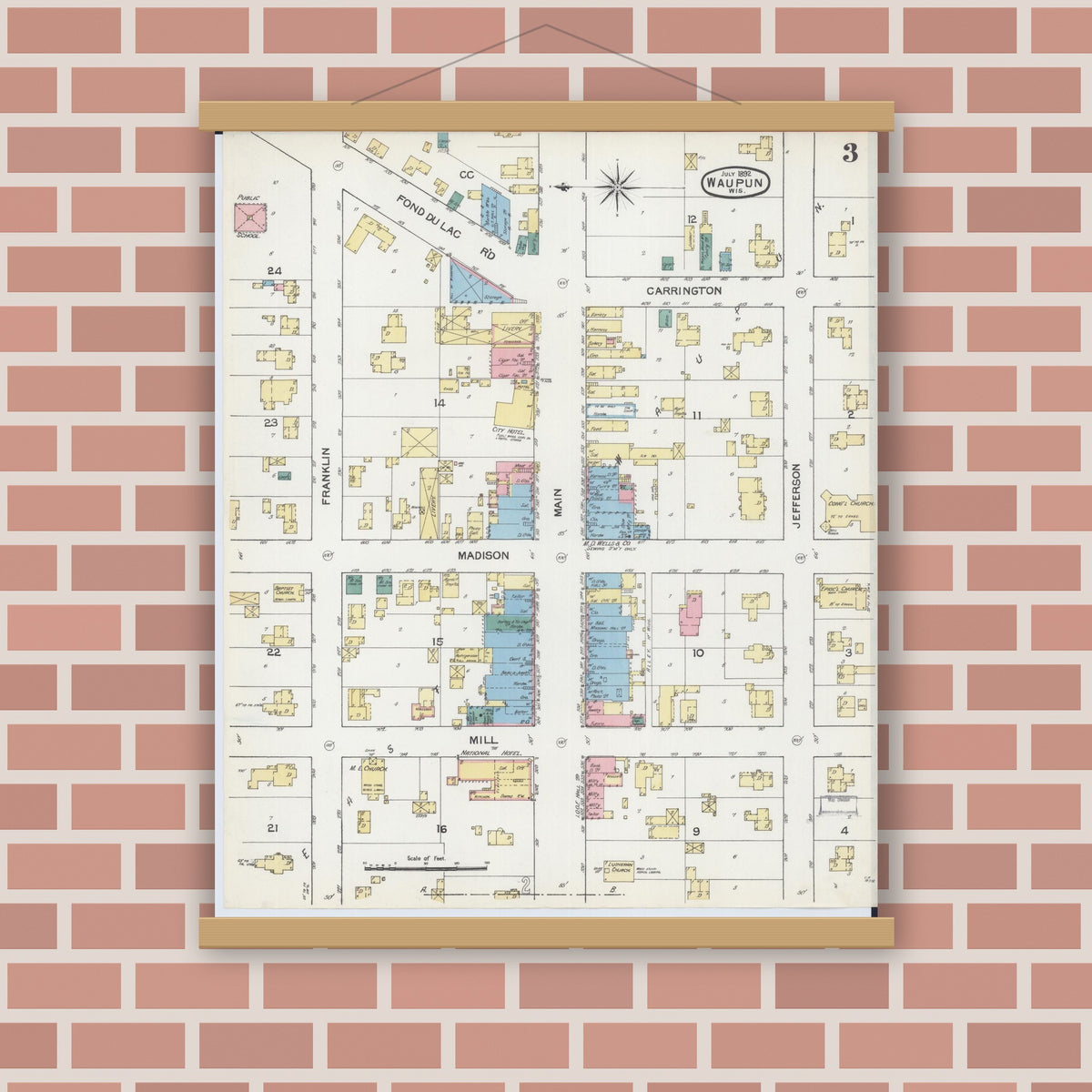 Old map wall art mockup — magnetic wood frame on brick wall — Sanborn Fire Insurance Map from Waupun, Dodge and Fond du Lac Counties, Wisconsin (1892), Sheet #0003