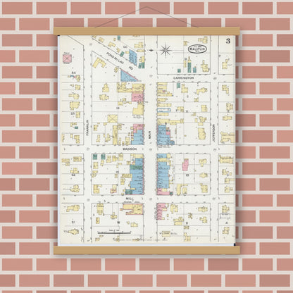 Old map wall art mockup — magnetic wood frame on brick wall — Sanborn Fire Insurance Map from Waupun, Dodge and Fond du Lac Counties, Wisconsin (1892), Sheet #0003