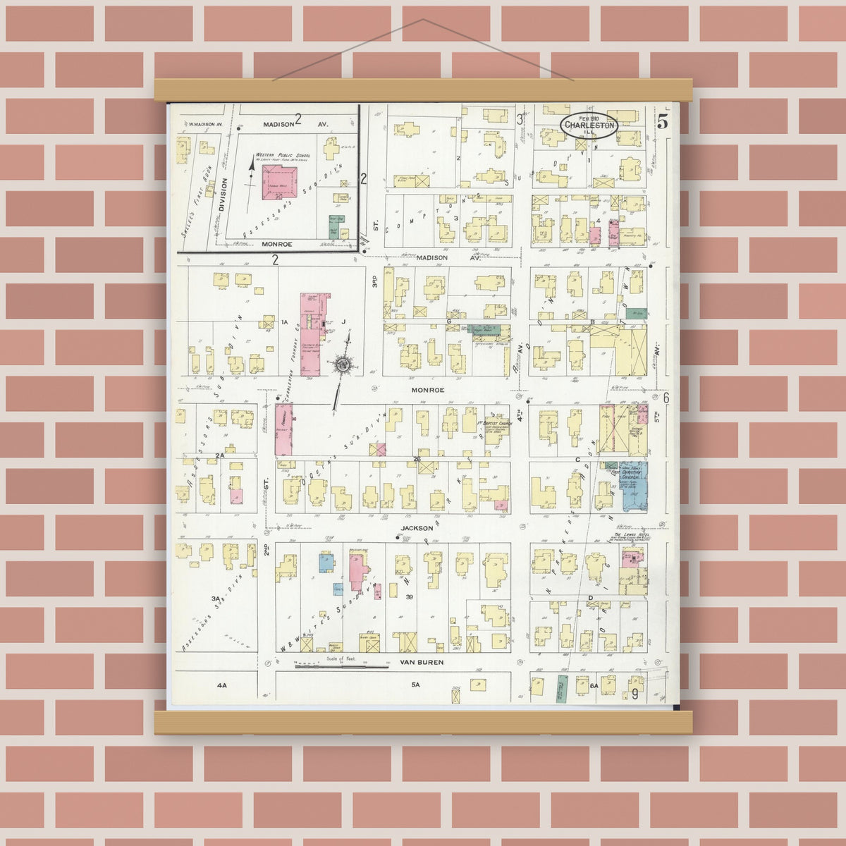 Old map wall art mockup — magnetic wood frame on brick wall — Sanborn Fire Insurance Map from Charleston, Coles County, Illinois (1910), Sheet #0005