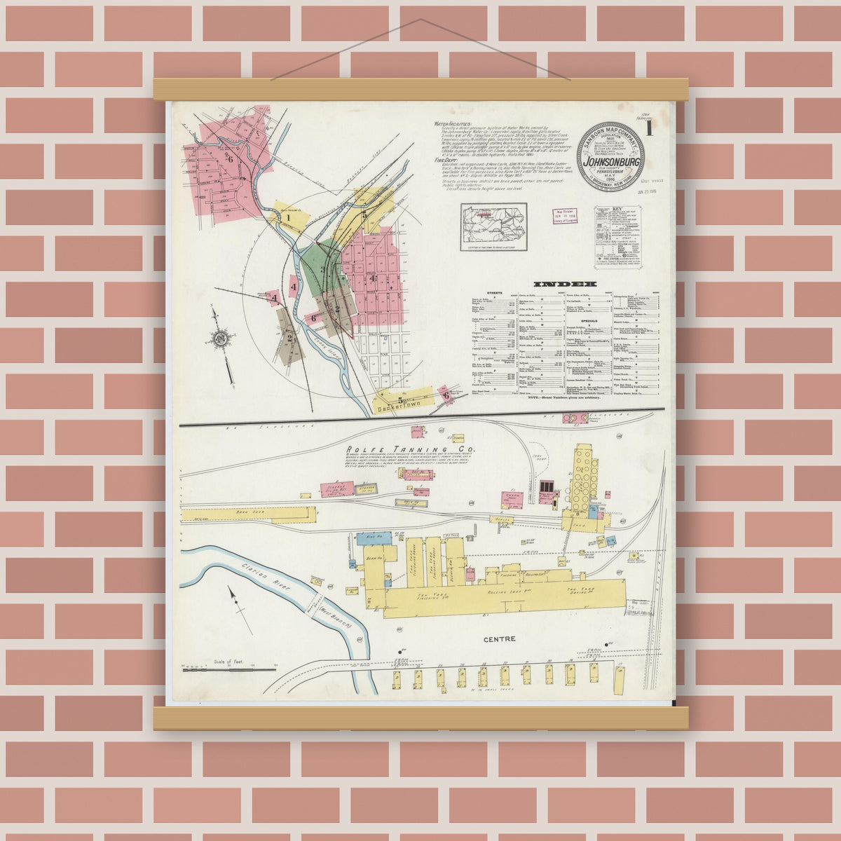 Old map wall art mockup — magnetic wood frame on brick wall — Sanborn Fire Insurance Map from Johnsonburg, Elk County, Pennsylvania (1916), Sheet #0001