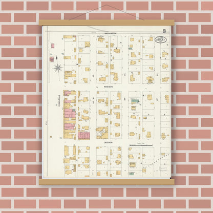 Old map wall art mockup — magnetic wood frame on brick wall — Sanborn Fire Insurance Map from Ashley, Washington County, Illinois (1900), Sheet #0003