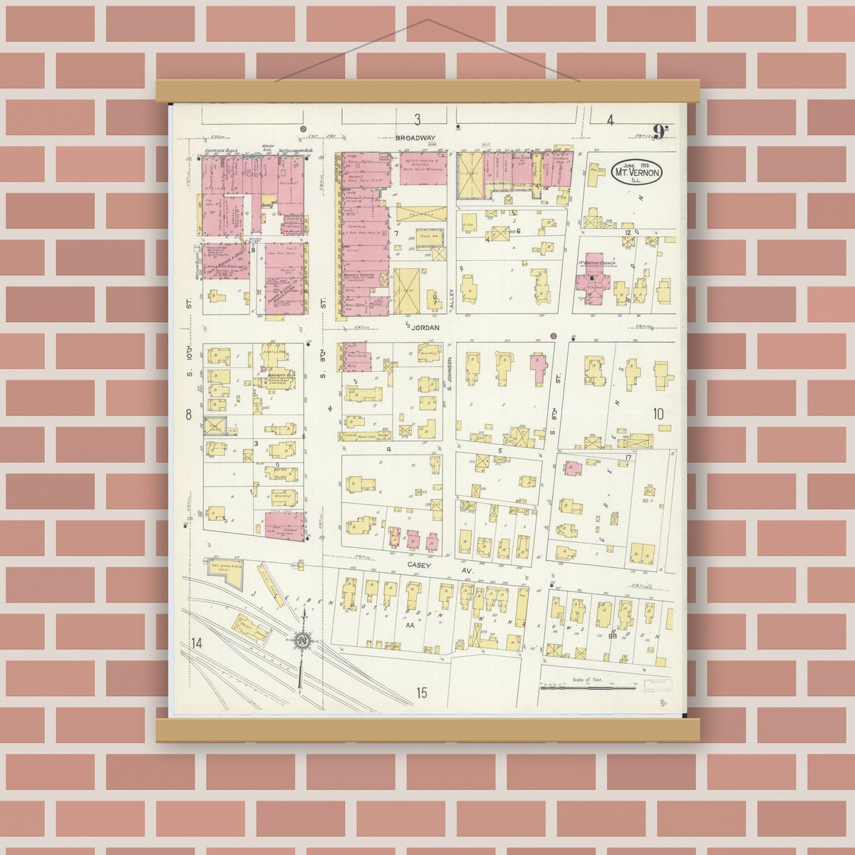 Old map wall art mockup — magnetic wood frame on brick wall — Sanborn Fire Insurance Map from Mount Vernon, Jefferson County, Illinois (1913), Sheet #0009