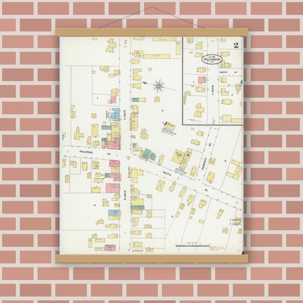 Old map wall art mockup — magnetic wood frame on brick wall — Sanborn Fire Insurance Map from Williamson, Wayne County, New York (1905), Sheet #0002