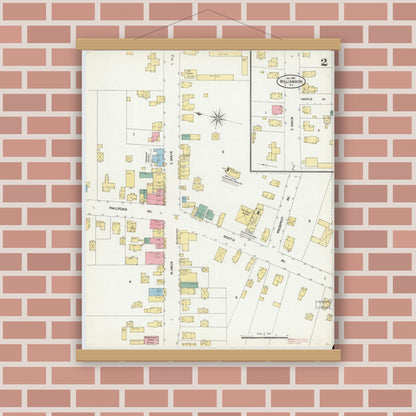 Old map wall art mockup — magnetic wood frame on brick wall — Sanborn Fire Insurance Map from Williamson, Wayne County, New York (1905), Sheet #0002