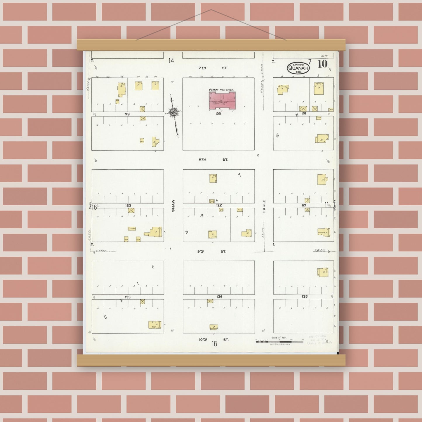 Old map wall art mockup — magnetic wood frame on brick wall — Sanborn Fire Insurance Map from Quanah, Hardeman County, Texas (1921), Sheet #0010