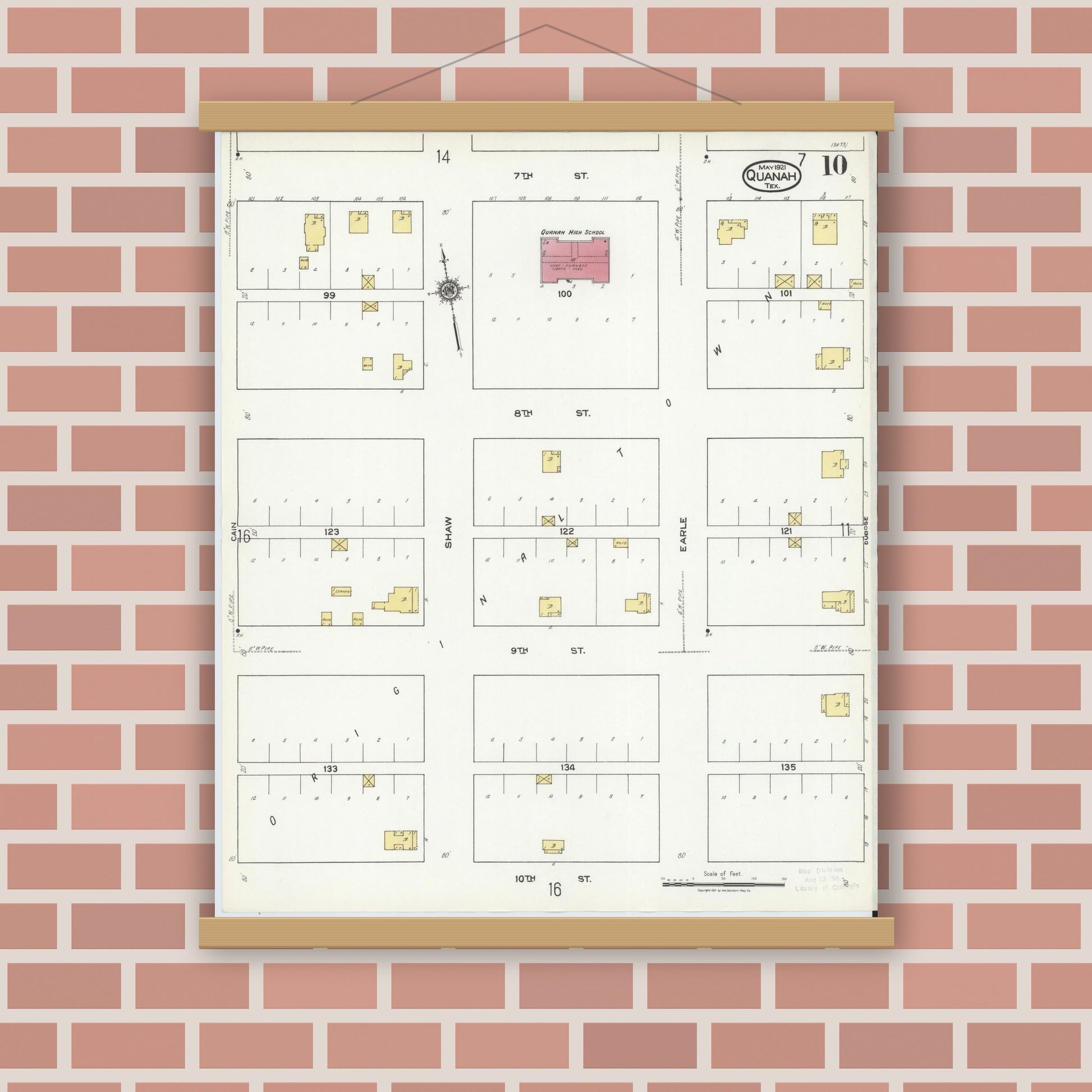 Old map wall art mockup — magnetic wood frame on brick wall — Sanborn Fire Insurance Map from Quanah, Hardeman County, Texas (1921), Sheet #0010