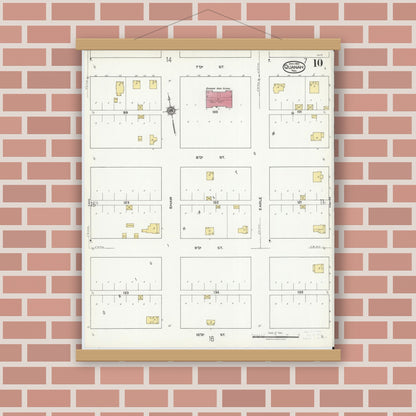 Old map wall art mockup — magnetic wood frame on brick wall — Sanborn Fire Insurance Map from Quanah, Hardeman County, Texas (1921), Sheet #0010