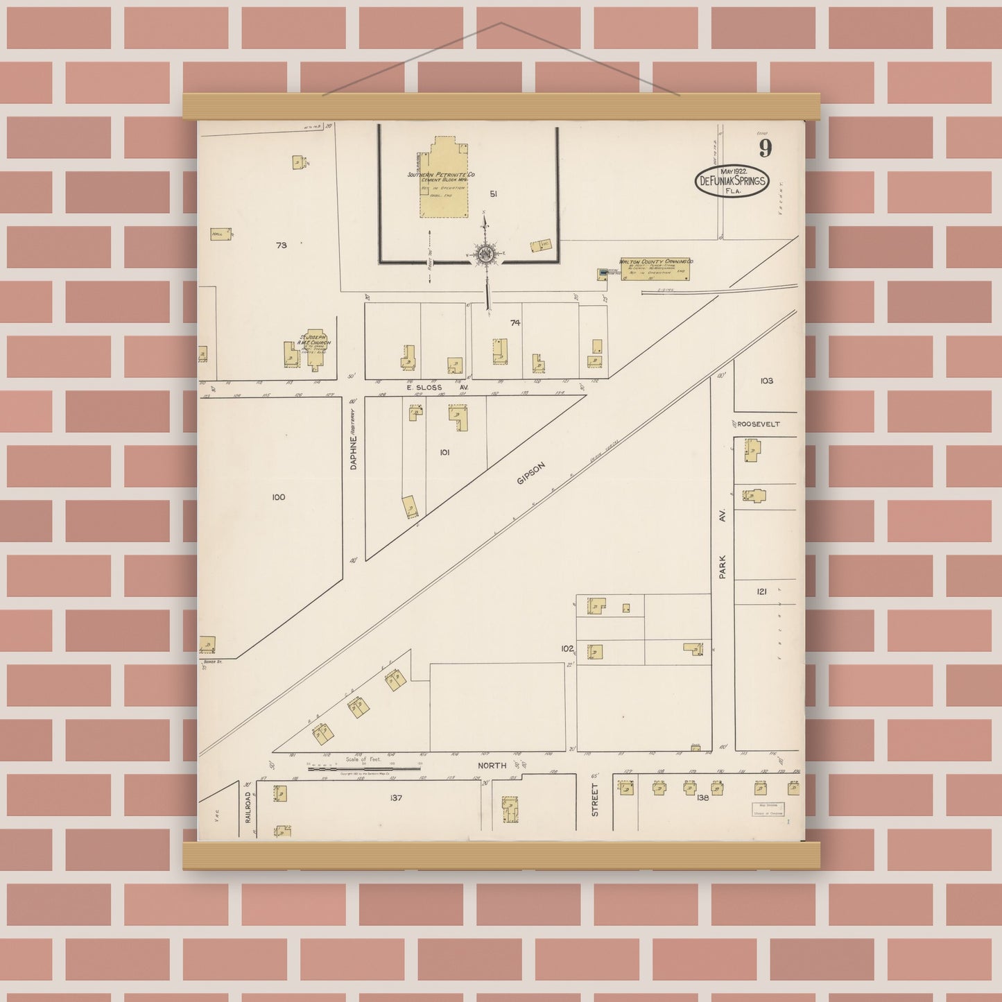 Old map wall art mockup — magnetic wood frame on brick wall — Sanborn Fire Insurance Map from De Funiak Springs, Walton County, Florida (1922), Sheet #0009
