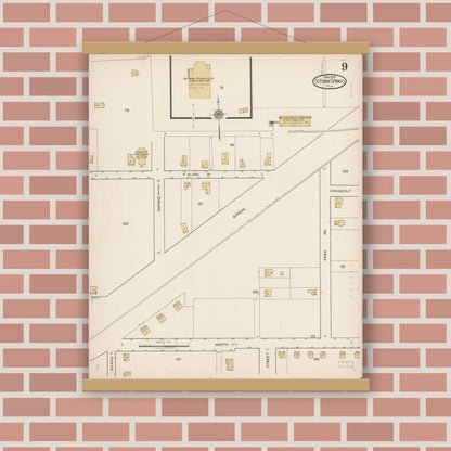 Old map wall art mockup — magnetic wood frame on brick wall — Sanborn Fire Insurance Map from De Funiak Springs, Walton County, Florida (1922), Sheet #0009