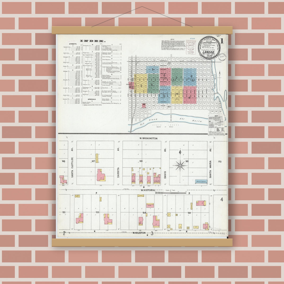 Old map wall art mockup — magnetic wood frame on brick wall — Sanborn Fire Insurance Map from Laredo, Webb County, Texas (1900) - Complete Map Set