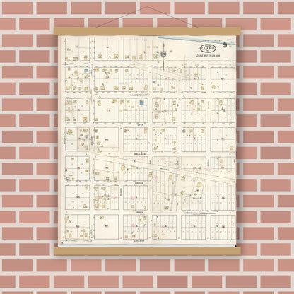 Old map wall art mockup — magnetic wood frame on brick wall — Sanborn Fire Insurance Map from Llano, Llano County, Texas (1942), Sheet #0009