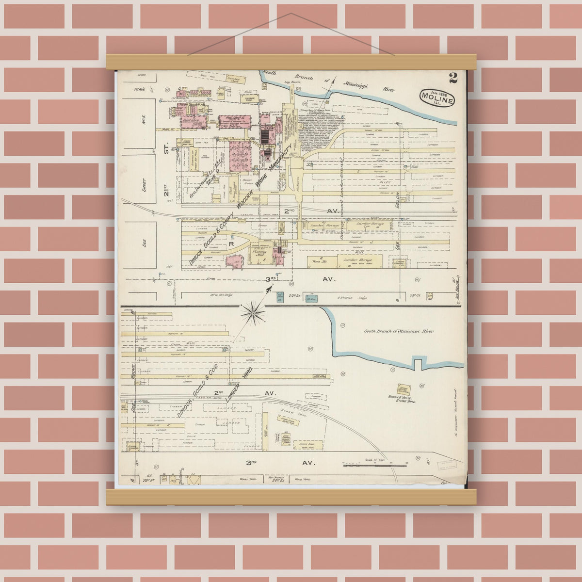 Old map wall art mockup — magnetic wood frame on brick wall — Sanborn Fire Insurance Map from Moline, Rock Island County, Illinois (1886), Sheet #0002