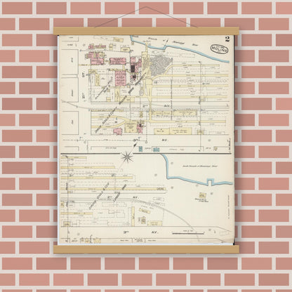 Old map wall art mockup — magnetic wood frame on brick wall — Sanborn Fire Insurance Map from Moline, Rock Island County, Illinois (1886), Sheet #0002