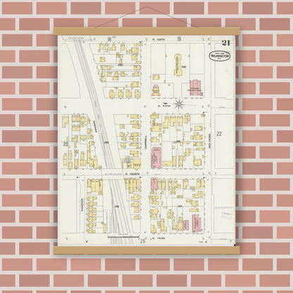 Old map wall art mockup — magnetic wood frame on brick wall — Sanborn Fire Insurance Map from Wilmington, New Hanover County, North Carolina (1898), Sheet #0021