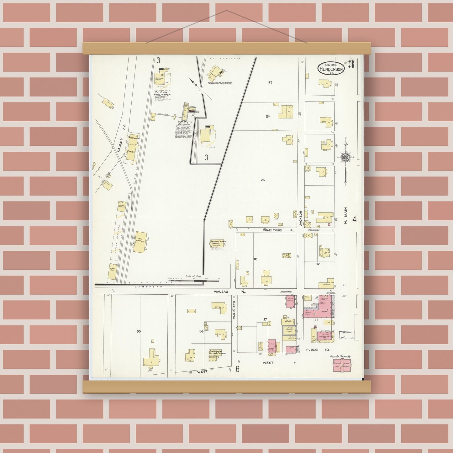Old map wall art mockup — magnetic wood frame on brick wall — Sanborn Fire Insurance Map from Henderson, Rusk County, Texas (1912), Sheet #0003