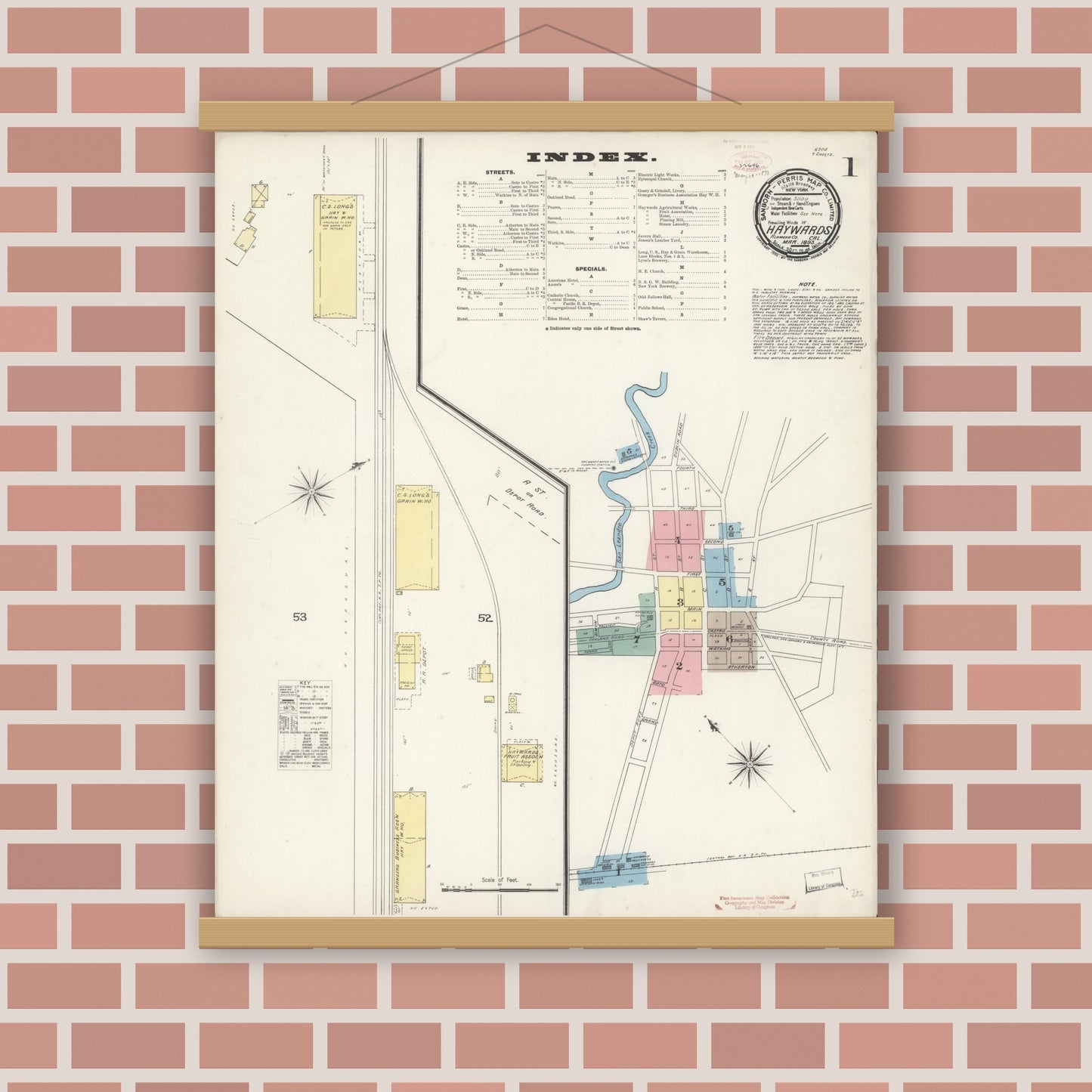 Old map wall art mockup — magnetic wood frame on brick wall — Sanborn Fire Insurance Map from Hayward, Alameda County, California (1893) - Complete Map Set