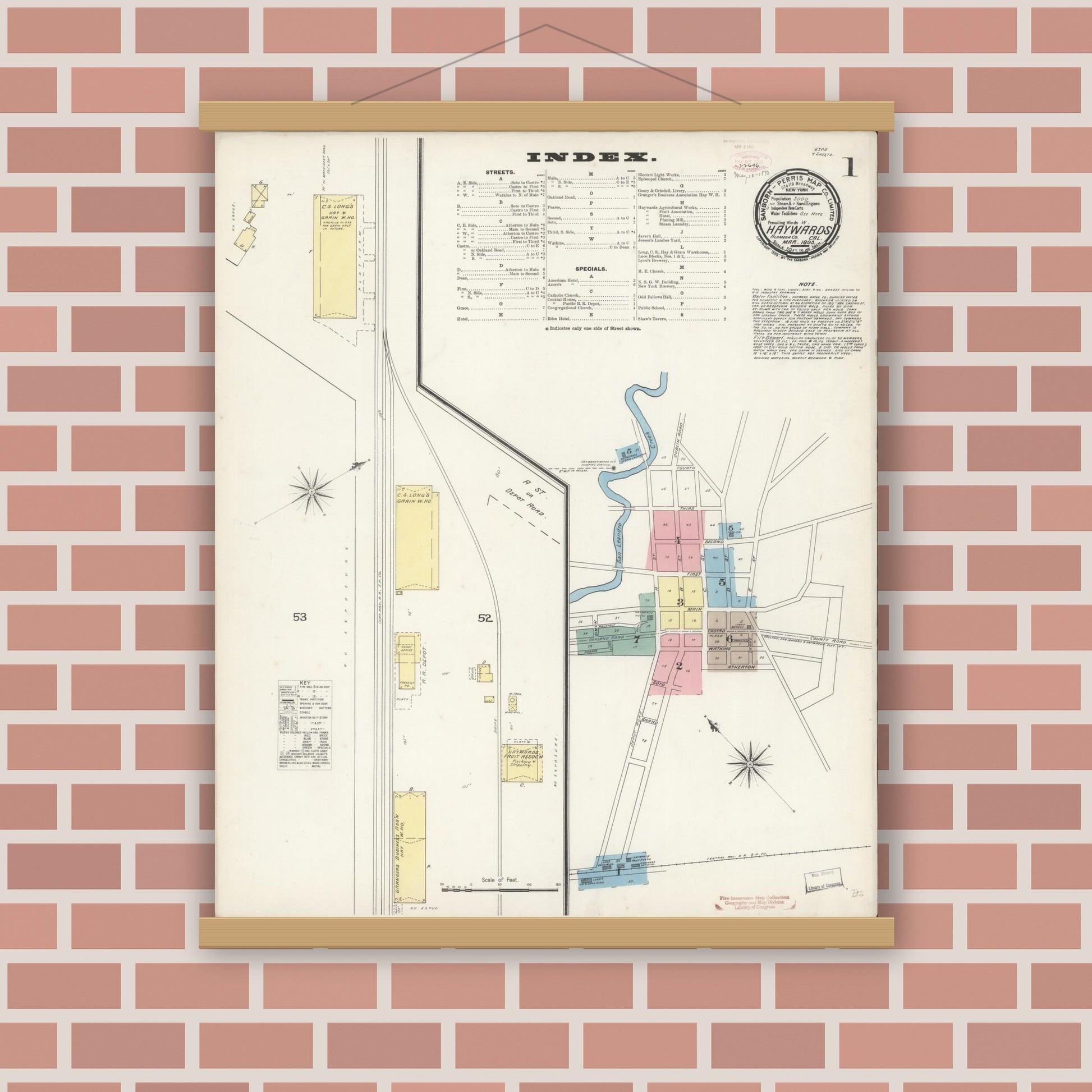 Old map wall art mockup — magnetic wood frame on brick wall — Sanborn Fire Insurance Map from Hayward, Alameda County, California (1893) - Complete Map Set