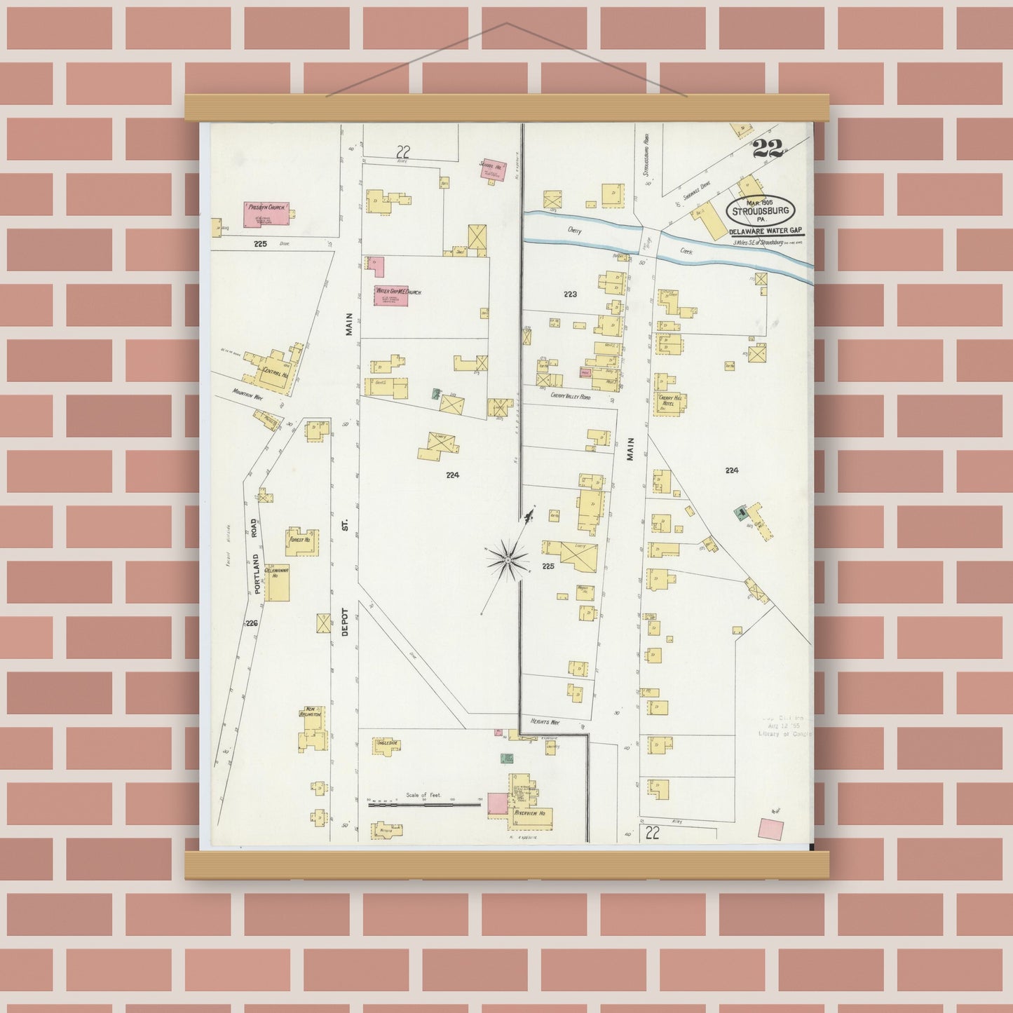Old map wall art mockup — magnetic wood frame on brick wall — Sanborn Fire Insurance Map from Stroudsburg, Monroe County, Pennsylvania (1905), Sheet #0022