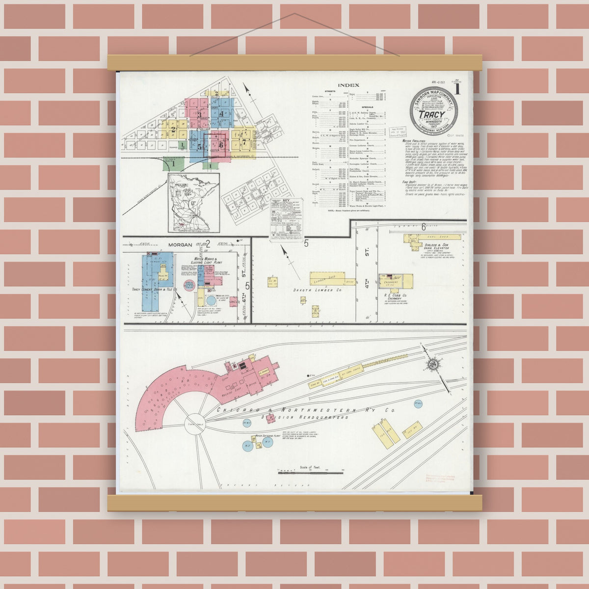 Old map wall art mockup — magnetic wood frame on brick wall — Sanborn Fire Insurance Map from Tracy, Lyon County, Minnesota (1917), Sheet #0001