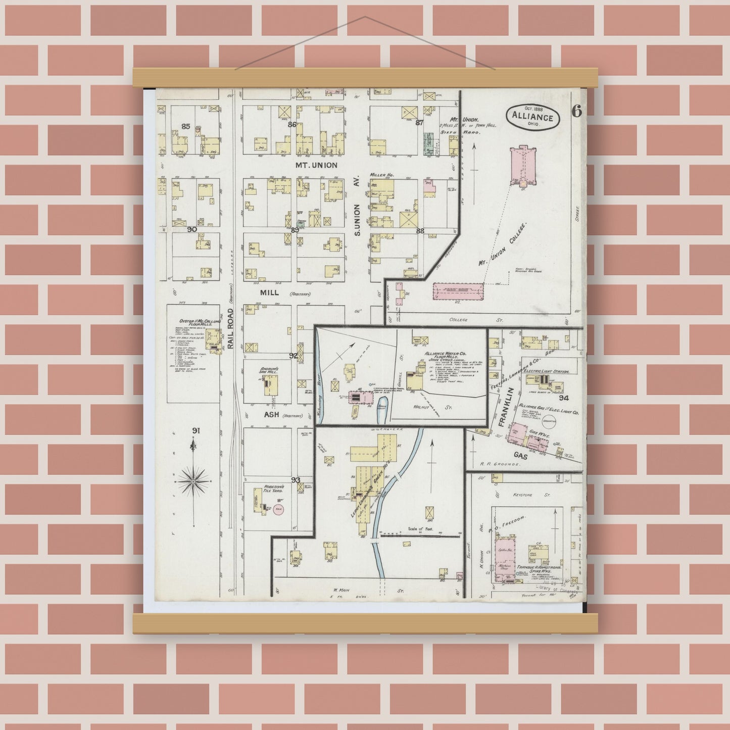 Old map wall art mockup — magnetic wood frame on brick wall — Sanborn Fire Insurance Map from Alliance, Stark County, Ohio (1888), Sheet #0006