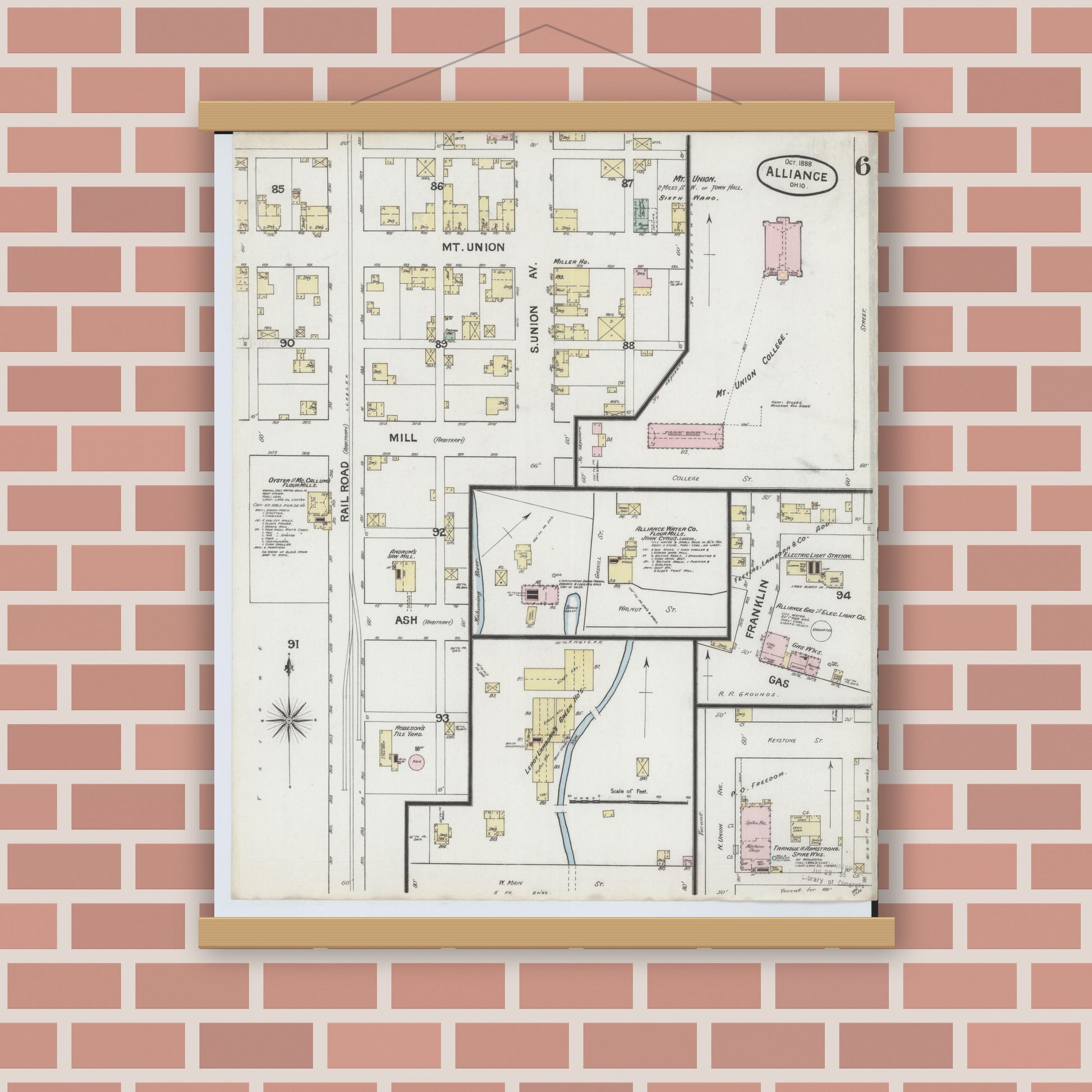 Old map wall art mockup — magnetic wood frame on brick wall — Sanborn Fire Insurance Map from Alliance, Stark County, Ohio (1888), Sheet #0006