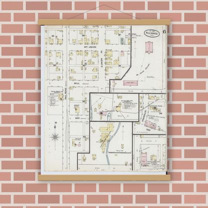 Old map wall art mockup — magnetic wood frame on brick wall — Sanborn Fire Insurance Map from Alliance, Stark County, Ohio (1888), Sheet #0006